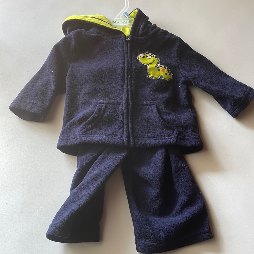 Dinosaur 3 to 6 month hoodie and sweatpants, navy blue and green
